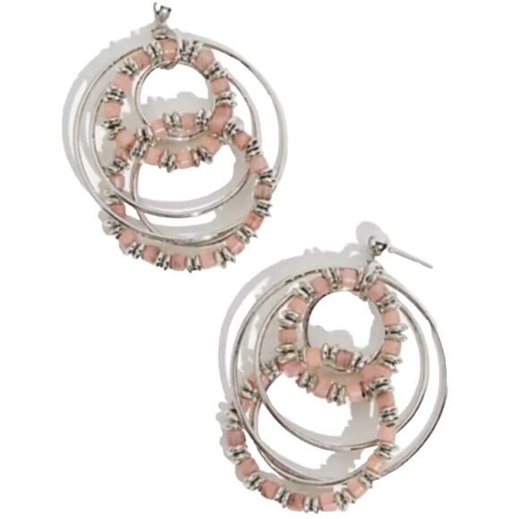 NEW Free People Pink Silver Racer Hoops Beaded Metal Dangling Post Backs‎ - Picture 1 of 9